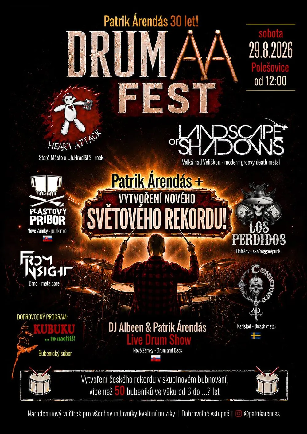 Plakát DRUMAA FEST — Patrik Árendás 30 let, 29. 8. 2026, Polešovice